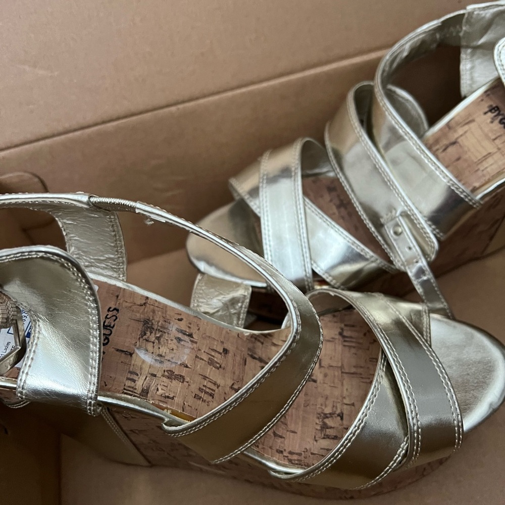 GUESS Women's Gold Strappy Wedge Sandals